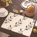 Linen placemat with blue leaf pattern on wood table with ceramic tableware set - Simple Blue Gray Leaf / 30cm x 45cm