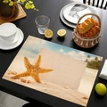 Linnen placemat met zeester en strandprint voor decoratieve eettafel styling - Stijl-10 (Gouden Zeester Schelp Strand)