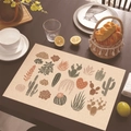 Tovaglietta in lino con stampa cactus messicani su tavolo da pranzo in legno rustico - Schizzo di Piante Grasse Dipinto a Mano (Stile-16)