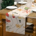 Linnen tafelloper met eucalyptus- en bloemenprint op donkerhouten eettafel in de kamer - 33*183cm / Vintage Bloemen en Bes (Stijl 1)