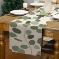 Detailopname van linnen tafelloper met eucalyptusprint op een houten eettafel in de kamer - 33*183cm / Eucalyptus Ronde Bladeren (Stijl 4)