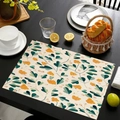 Top view of linen placemat with green leaves and yellow flowers on a dark wooden table - Fresh Green Leaf and Yellow Flower Style (Style-2)