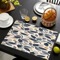 Close-up of linen placemat with eucalyptus leaf print and rustic texture for dining decor - Nordic Blue Grey Leaves Style (Style-3)