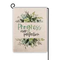 Linen garden flag with eucalyptus pattern and Progress Over Perfection quote - Progress Over Perfection Style (Style--1)
