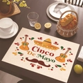 Cinco De Mayo linen placemat featuring guitar and sombrero print on dark wooden table - 30cm x 45cm