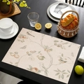 Linen placemat with vintage floral and bird prints on a black wooden table setting - Vintage Fruit Style (cd-1-6) / 45*30cm