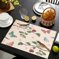 Detailed macro of a rectangular linen placemat featuring elegant bird and berry patterns - Pink Dot Butterfly Style (cd-1-7) / 45*30cm