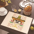 Mexican style linen placemat with bearded skull and sombrero hat on a rustic wooden table - 30cm x 45cm