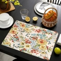 Linen placemat with watercolor floral bird pattern on black wooden dining table setting - Yellow Rose Birdcage Style (cd-1-8) / 45*30cm