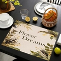 Detailed view of linen placemat featuring green leaf patterns and Flover Dreams text - Flower Dreams Off White Style (cd-1-10) / 45cmx30cm