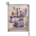 Doppelseitige Gartenflagge aus Leinen mit Lavendel-Thema, Aquarellkerze und Blumendesign - Lavendelkerzen und Seife