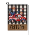 Detail of linen texture and Freedom lettering on July 4th patriotic red truck garden flag - Plaid Freedom Truck Style / 45*30cm