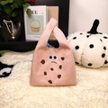 Pink canvas bucket bag with cute cookie embroidery and blue checkered inner lining - Pink