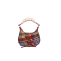 Mini borsa a tracolla scozzese con fiocchi in pelle rossa e manico in pizzo bianco - Quadri Blu