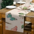 Runner da tavola in lino con farfalle e martin pescatore su tavolo in legno scuro - Stile Natura Martin Pescatore Farfalla