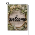 Welcome eucalyptus wreath garden flag made of rustic burlap material hanging on a black stand - Rural Welcome Wreath Style (Style--8)