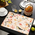 Tovaglietta in lino con motivi di uccelli e bacche su uno sfondo beige testurizzato - Stile Acquerello Quattro Uccelli (cd-1-4)