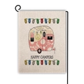 Detail of linen garden flag featuring a vintage pink camper with Happy Campers text - Pink Floral Camper (5)