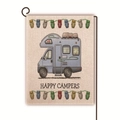 Close-up of linen garden flag with blue camper van design and Happy Campers text - Blue Camping Camper (10)