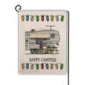 Detail of linen garden flag with Happy Campers text and retro RV owl illustration - Vintage Illustration Camper (12)
