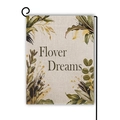 Double-sided linen garden flag with eucalyptus leaf pattern and Flower Dreams text - Flower Dreams Style (Style--10)