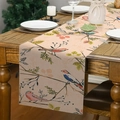 Runner da tavola in lino con motivo di uccelli e foglie per decoro casa - Stile Uccello Volante Artistico Tonalità Rosa