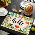 Linnen placemat met bloemenprint en hello-tekst op een donkere houten tafel - 45x30cm / Pastorale Bloemen Hello Patroon (Stijl-8)