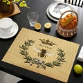 Detailed view of linen placemat featuring honeycomb print and Bee Kind bee crown motif - Honeycomb Crown Bee Kind Style (款式-6) / 45*30cm