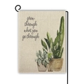 Garden flag with potted plants and Grow Through What You Go Through quote on linen - Inspirational Plants Grow Through (4)