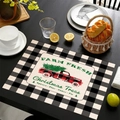 Linen Christmas placemat with red truck, buffalo check border and farm fresh tree print - Red Plaid Truck (Style-1)