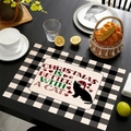 Close-up of linen Christmas placemat featuring black cat silhouette and buffalo plaid border - Christmas Cat (Style-2)