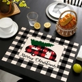 Dettaglio tovaglietta natalizia con camper a quadri rossi e scritta Merry Christmas - Natale in Camper (Stile-6)