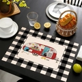 Detail of linen placemat with black plaid border and red retro camper van illustration - Vintage Red Camping Car Style (Style-4)