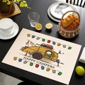 Linen placemat with cartoon camping trailer pattern and Happy Campers text on table - Yellow Camper Van (Style-1)