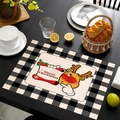 Detailed view of linen placemat featuring reindeer print and black white checkered border - Cartoon Reindeer Merry Christmas Style (Style-6)