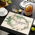 Linen placemat with watercolor floral wreath and SCANDY Home text on dark wood table - Scandy Home Fresh Style (cd-1-11) / 45cmx30cm