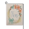 Detail of burlap garden flag with Noel wreath, sea shells, and black metal stand - Noël Marine Floral Style (Style 5)