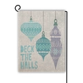 Close-up of linen garden flag with Deck the Halls text and festive Christmas ornaments - DECK THE HALLS Christmas Ball Style (Style 6)