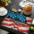 Linen placemat with American flag design and Fort Worth city silhouette on a black table - 45*30cm / Fort Worth, Texas Style (Style-7)