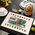 Linen placemat with blue vintage camper van print and Happy Campers slogan - Blue and White Camper Van (Style-2)