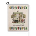 Linen garden flag with Happy Campers camper van print and black metal stand holder - Retro Camper with Folding Chair (6)