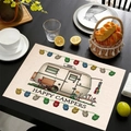 Linen placemat with cartoon retro camper and owl lights, Happy Campers theme - Yellow and White Panel Camper Van (Style-4)