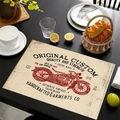 Retro linen placemat with red vintage motorcycle print on a black dining table - Red Motorcycle Schematic