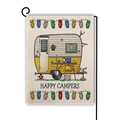 Linen garden flag with Happy Campers camper illustration and vintage metal holder - Yellow and White Camper (9)