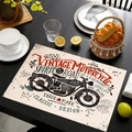 Vintage motorcycle linen placemat with industrial print on beige fabric surface - Vintage Industrial Motorcycle