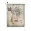 Christmas garden flag with Believe text, pine cones, and bells on a linen background - Believe Pine Branch With Bell Style (Style 3)