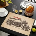 Linen placemat with vintage motorcycle print on a rustic dark wood dining table - Hand-painted Motorcycle Illustration