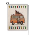 Double-sided linen garden flag featuring a retro orange camping van and owl lights - Orange Vintage Camper (11)