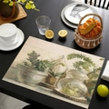 Linen placemat with green potted plant print on beige background for home dining decoration - Artistic Potted Plants Glass Jar