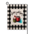 Detailed view of Christmas garden flag with buffalo check border on a metal hanger - Cupcake and Coffee Style (1)